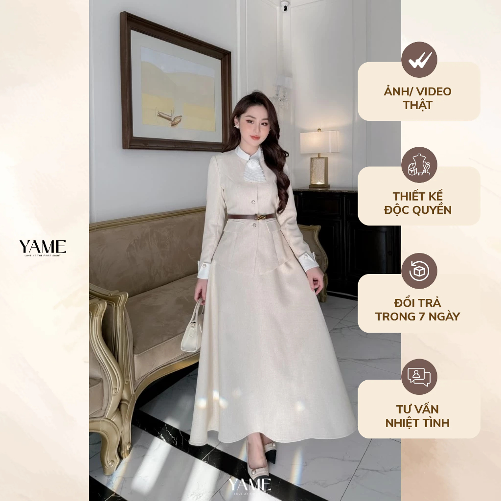 Set bộ Áo dài tay kèm Chân váy dáng A dạ hàn cao cấp màu be phối trắng YAME AS301