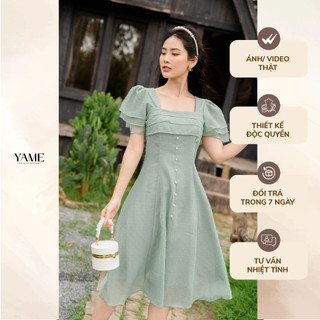 Váy đầm trơn nữ ngắn tay dáng dài cổ vuông xếp ly ngực Padora Dress xanh dương YAME
