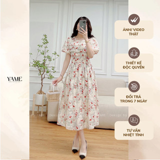 Váy hoa nữ ngắn tay dáng dài cổ tròn xếp ly ngực eo có lớp lót lụa mềm Gladys Dress YAME
