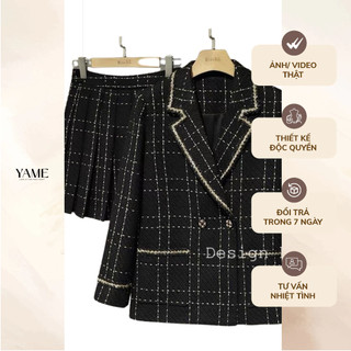 Set áo khoác chân váy xoè xếp ly ngắn dạ tweed hoạ tiết kẻ thiết kế phong cách thanh lịch màu đen YAME