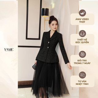 Áo khoác dạ tweed blazer kainey yame dress design yak258 tay dài cổ chữ v phối nút đá sang trọng