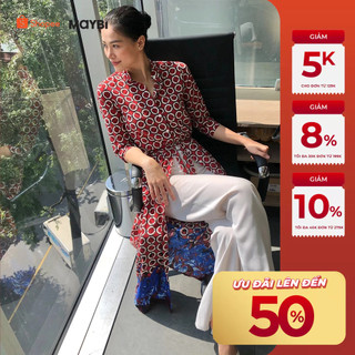 Đầm sơ mi cổ trụ MAYBI hoạ tiết hoa form dài thanh lịch
