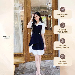 Váy Đầm Đen Thanh Lịch 2 YAME Chất Tuyết Mưa Dáng Chữ A Tay Phối Sang Trọng