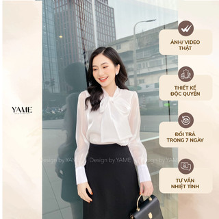 Áo sơ mi công sở, sơ mi cách điệu nữ chất tơ oganza mềm min tay bồng cổ thắt nơ màu trắng hai lớp A03 YAME