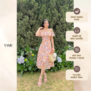 Váy hoa nữ ngắn tay dáng dài trễ vai bèo đính cúc Roise Dress màu hồng chất tơ tằm cao cấp YAME