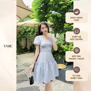Váy tay bồng cổ tym hai màu xanh be có lớp lót lụa chất đũi sồi cao cấp có lớp lót lụa mềm mịn mát YV10 YAME