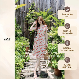 Váy hoa hồng cổ vest hai màu xanh, hồng chất vải hoa xốp cao cấp 2 lớp đi chơi đi du lịch YAME