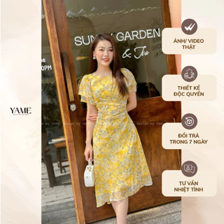  Váy Hoa Nhí Dáng Dài Đi Biển Kèm Hoa YAME Lucie Thiết Kế Cổ Tròn Chất Voan Tơ Cách Điệu Eo Vàng Trắng Kem 