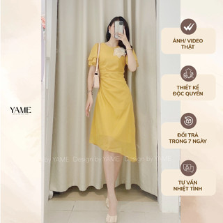 Váy đầm trơn nữ ngắn tay dáng dài cổ đính hoa cách điệu eo Lucie vàng YAME CÓ HOA CÀI VÁY
