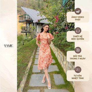 Váy đầm hoa nữ ngắn tay dáng dài hoa cam cổ tròn nhún eo YAME