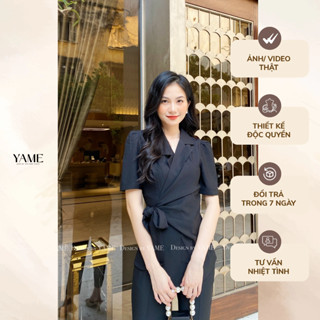 Set áo vest ngắn tay bồng vạt chéo kèm quần baggy màu đen thanh lịch công sở YAME