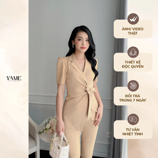 Set áo vest ngắn tay bồng vạt chéo kèm quần baggy màu nâu thanh lịch công sở YAME