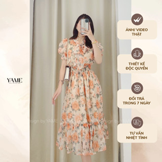 Váy đầm hoa nữ ngắn tay dáng dài cổ nơ dài chun eo Monocle cam YAME