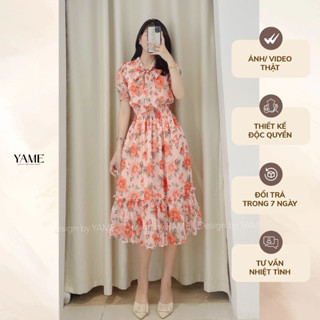 Váy hoa nữ dáng dài đuôi cá cổ nơ dài chun eo Monocle hồng YAME