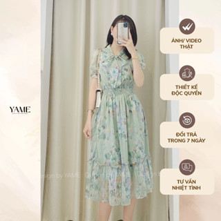 Váy đầm hoa nữ ngắn tay dáng dài cổ nơ dài chun eo Monocle xanh lá YAME