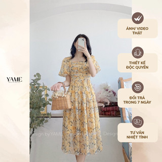 Váy hoa nữ ngắn tay dáng dài cổ vuông xếp ly ngực chất tơ lót lụa mềm màu cam, vàng, xanh Sunny YAME