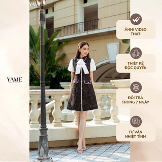 Váy dạ tweed nơ đính liền phối tay 2 màu đỏ, đen YV55 YAME