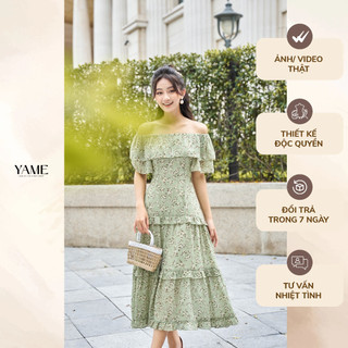 Váy hoa nhí xanh trễ vai chất tằm cao cấp 2 lớp đi du lịch YAME