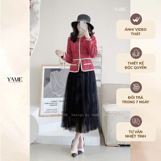 Set áo vest dạ chiết eo chân váy ren xoè nhiều lớp màu nâu be, đen, đỏ Kaylin YAME(LẤY TĂNG SIZE DO FORM NHỎ)
