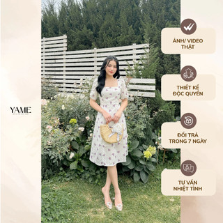 Váy hoa nữ cổ vuông tay nhún xẻ vạt YV168 YAME
