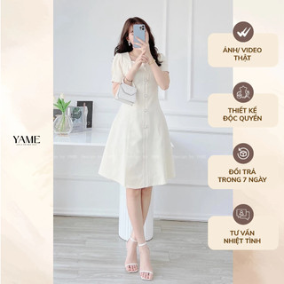 Váy dạ 2 lớp cổ vuông tay bồng màu Nâu/Trắng/Đen/Đỏ YV58 Lullaby Dress YAME
