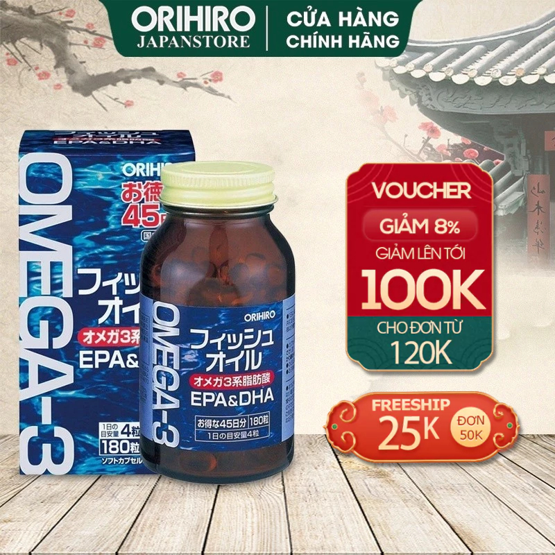 Viên uống dầu cá Omega-3 hỗ trợ tim mạch Orihiro 180 viên, ORIHIRO FISH OIL