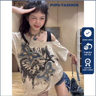 Áo phông hình bướm Pupu dây quai một bên, Áo trễ vai kiểu cách retro cá tính