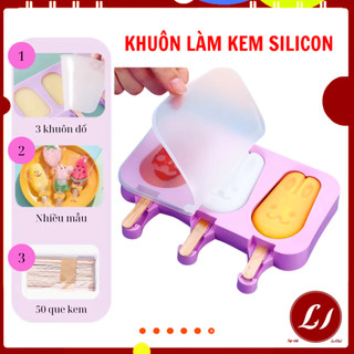 Khuôn làm kem silicon 3 hình ngộ nghĩnh, an toàn - Tặng kèm 40 QUE KEM bền đẹp, an toàn