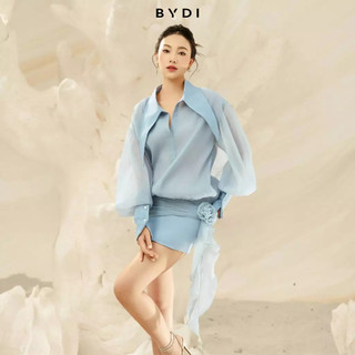 Đầm Cổ Sơ Mi Midi Nữ Phối Hoa Nơ Xanh Pastel Rũ BYDI Design | BLEU DRESS