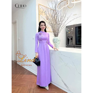 Áo dài tím cà lụa tây thi kết hoa thủ công Lind