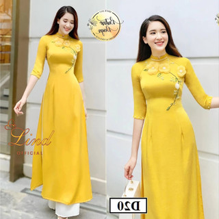 Áo dài lụa tây thi màu vàng kết hoa thủ công Lind