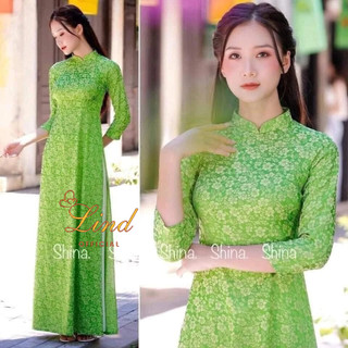 Áo dài gấm thanh liễu màu xanh Lind
