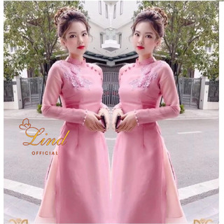 Áo dài tơ 4 tà màu hồng kết hoa thủ công Lind
