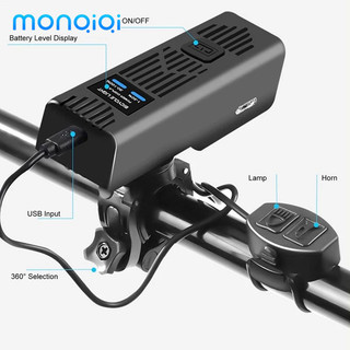 MONQIQI Đèn còi xe đạp Đèn xe đạp siêu sáng có còi 5 tông màu, đèn chống nước, sạc USB