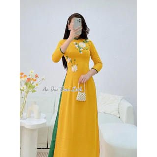Áo dài lụa tây thi màu vàng đính hoa - Áo Dài Đan Linh