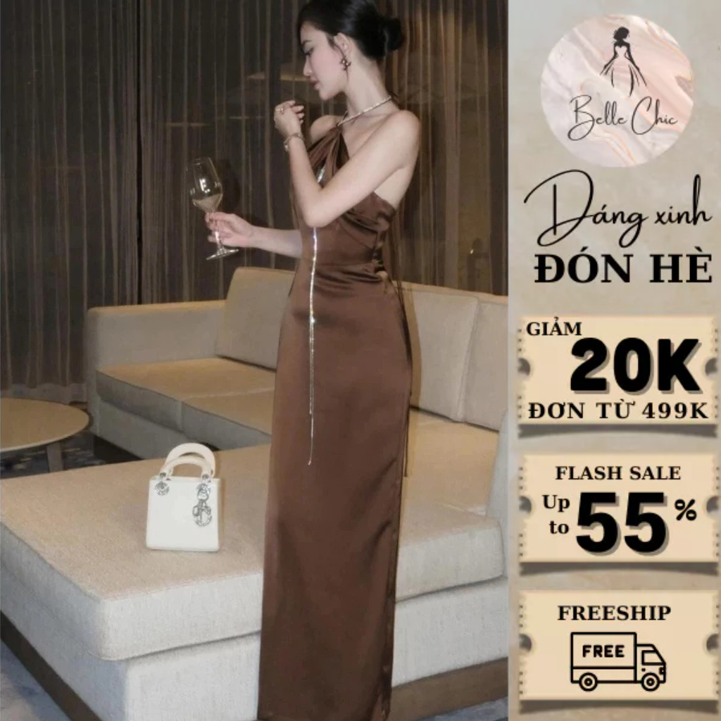 Váy Lụa Body Cổ Yếm Dáng Dài Phối Đá Hai Màu Trắng Nâu Đi Tiệc Đi Chơi Sang Trọng Quyến Rũ Belle Chic BL1311