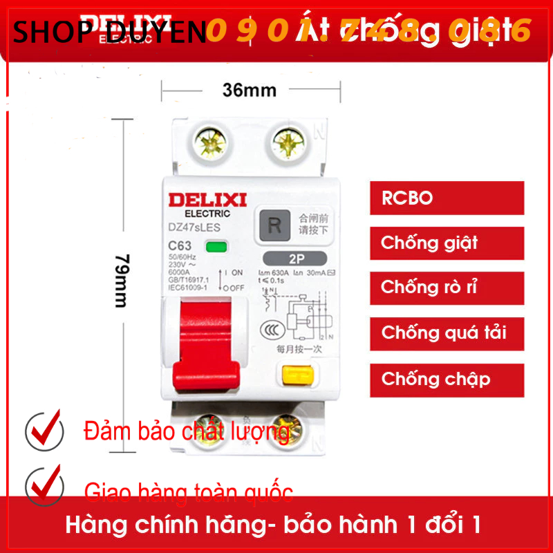 RCBO DELIXI 2p át chống giật chống chập hàng chuẩn chính hãng chất lượng cao, cb chống giật, aptomat