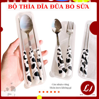 Hộp dụng cụ 3 món Thìa dĩa đũa vân đen trắng bò sữa cán nhựa chắc chắn kèm hộp tiện lợi
