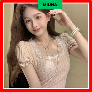 Áo thun gân babytee Miuna cổ vuông, Áo croptop cổ viền ren gắn nơ bánh bèo