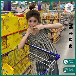 Áo sơ mi caro Mtee tay nhún bồng xòe, Áo babydoll caro phối tay bèo dễ thương