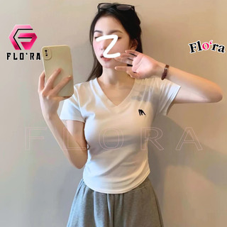 Áo croptop tay ngắn cổ tim thêu voi nhún eo nữ chất thun cotton kiểu sexy nữ, áo thun ôm body flo'ra