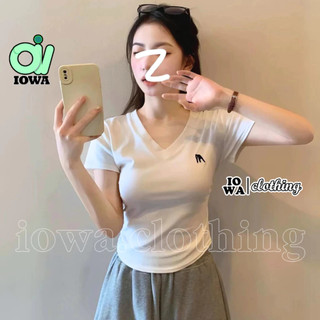 Áo croptop tay ngắn cổ tim thêu voi nhún eo nữ chất thun cotton kiểu sexy nữ, áo thun ôm body iowa