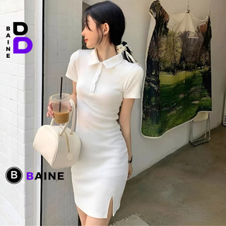 Đầm Tay Ngắn CỔ POLO XẺ Trước Phối Nút Chất Gân Đẹp BM00_BM137, Váy Ôm Body Cổ Bẻ Dáng Ngắn Kiểu Trơn Tôn Dáng BAINE