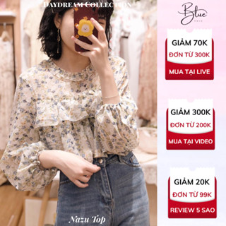 Áo Sơ Mi Kiểu Nazu Top Babydoll Hoa Nhí Dài Tay Tiểu Thư Chất Voan Mềm Mịn Đi Làm Dạo Phố Nhẹ Nhàng Thanh Lịch Blue Chic