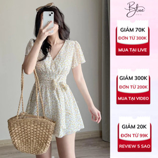 Váy Jumpsuit Jenca Cổ Chữ V Chất Tơ Hoa Nhí 2 Lớp Cao Cấp Đi Biển Dạo Phố Ngọt Ngào Quyến Rũ Blue Chic