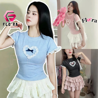Áo Thun Coquette TAY NGẮN REN HÌNH TIM Thêu Nơ DÁNG DÀI Nữ BM243, Áo Babytee Chất Thun Nhung Cotton Flo'ra