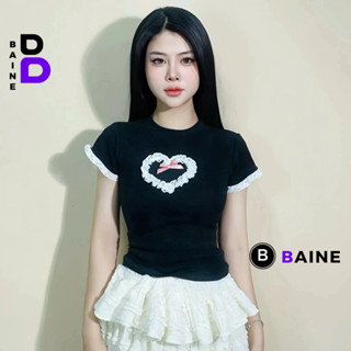 Áo Thun Coquette TAY NGẮN REN HÌNH TIM Thêu Nơ DÁNG DÀI Nữ BM243, Áo Babytee Chất Thun Nhung Cotton BAINE