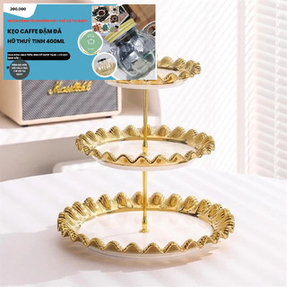 Hàng decor khay đựng mứt, bánh kẹo sứ 3 tầng cao cấp viền vàng sang trọng