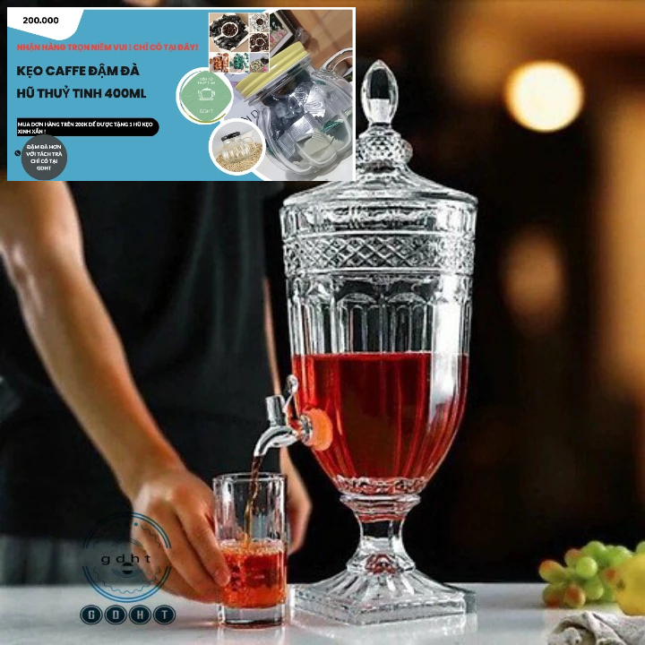GDHT Bình ngâm rót rươu thủy tinh có vòi Dung tích 2-3-5 Lít. Thuỷ tinh vân nổi sang trọng.