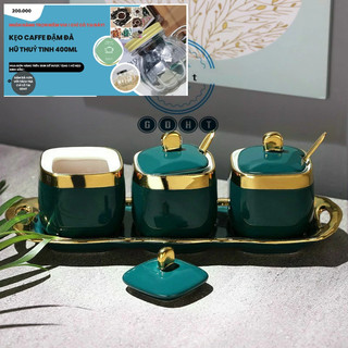 Bộ 3 Hũ đựng gia vị đặt bàn bằng sứ màu xanh cổ vịt viền mạ vàng- gia vị sứ